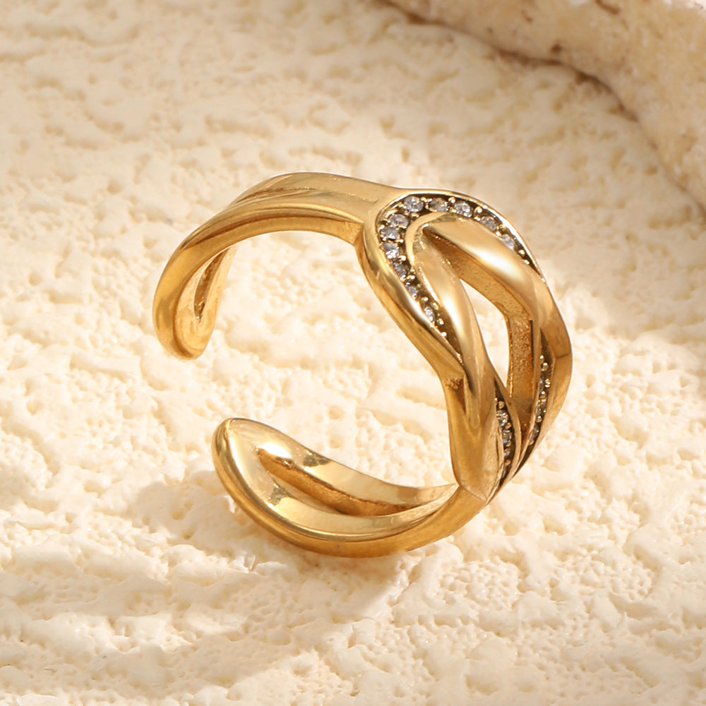 Elegant Minimalist Geometric 18K Gold Plated Stainless Steel Rhinestone Knot Open Ring for Women
