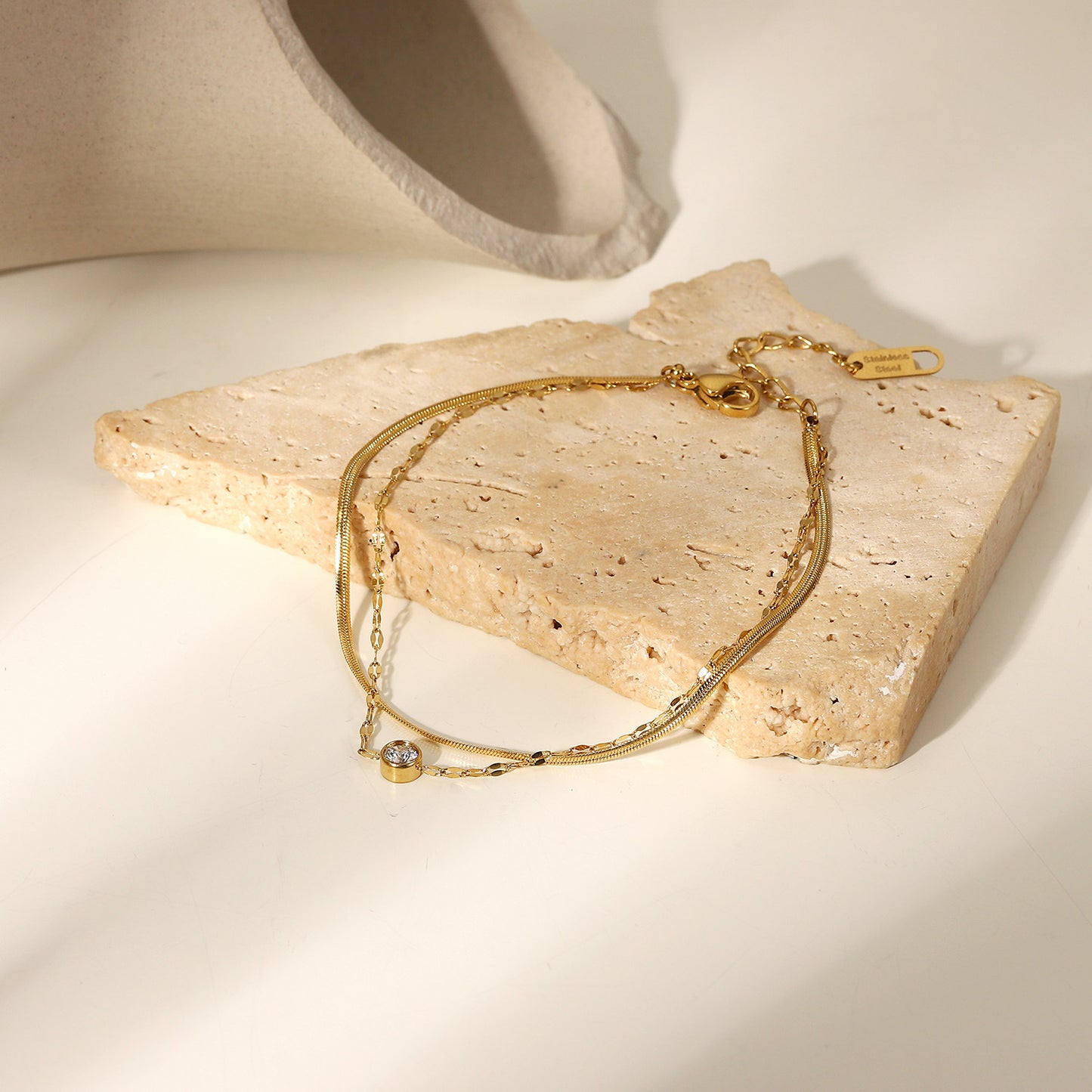 Minimalist Geometric Stainless Steel Plated Snake Chain Double Layer Bracelet for Women