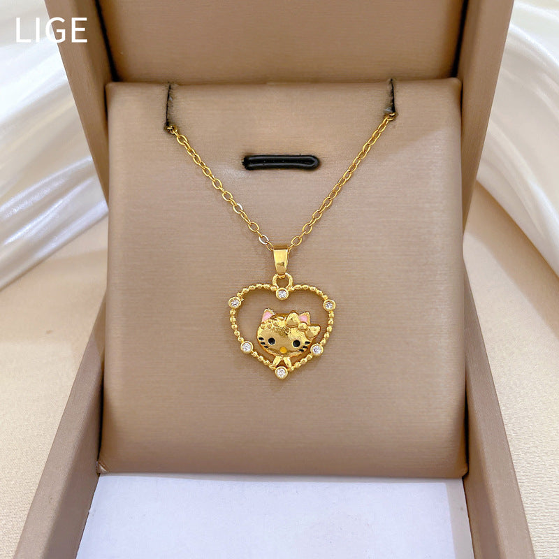 Minimalist Sweet Geometric Cat Rhinestone Pendant Titanium Steel Necklace for Unisex