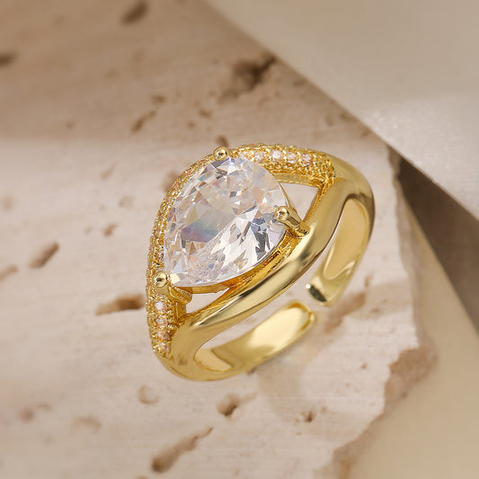Minimalist Geometric Open Ring for Women in Brass with 18K Gold Plating and Micro-Paved Zirconia