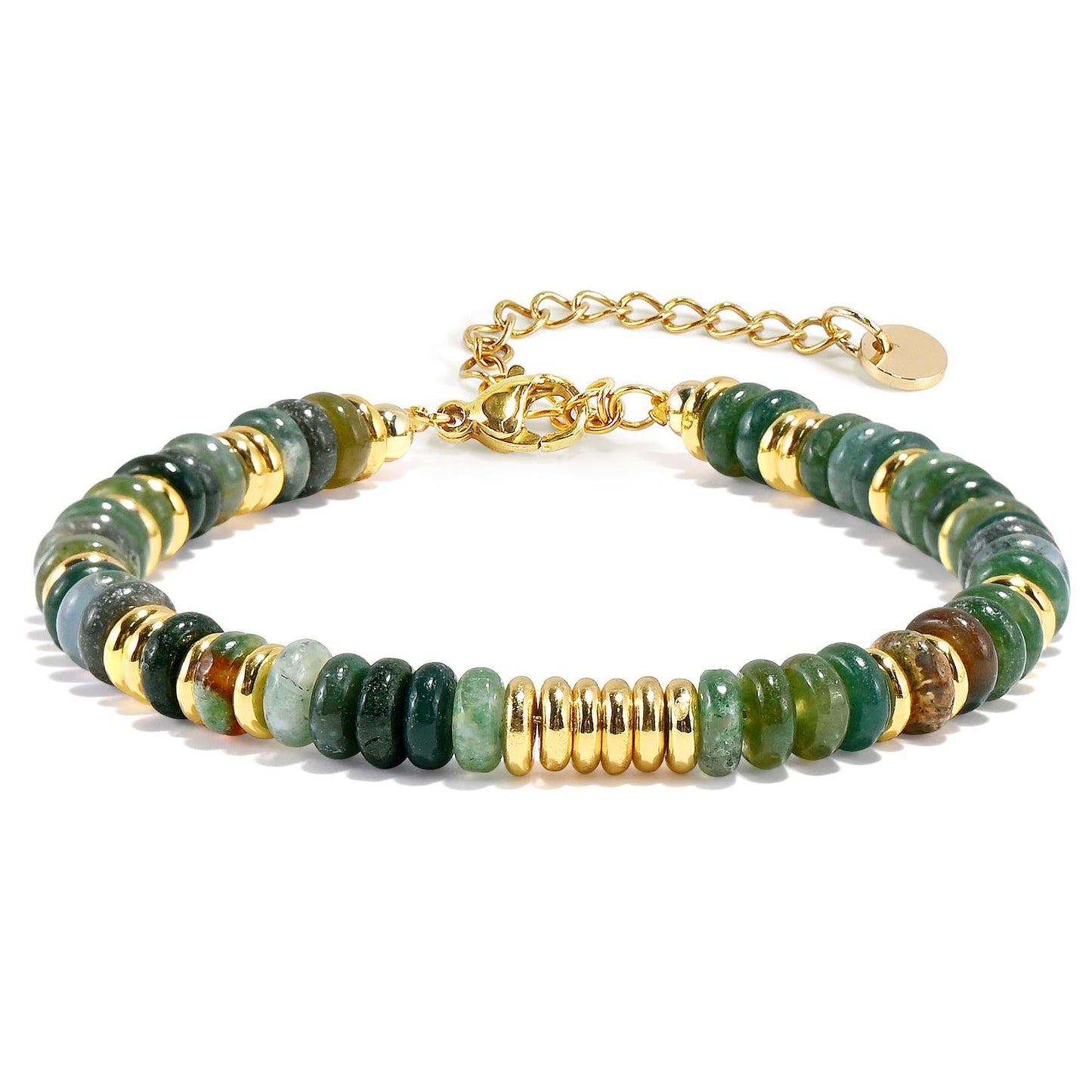 Fashion Geometric Round Natural Gemstone Beaded Bracelet with Gold Spacers and Lobster Clasp Adjustable Unisex Jewelry