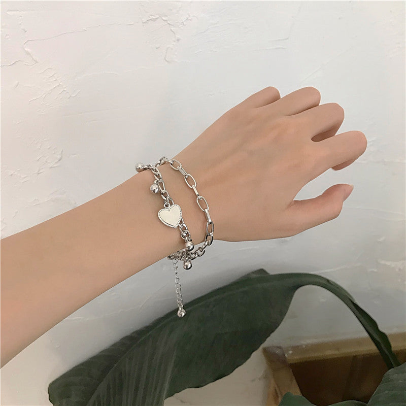 Sweet Minimalist Heart-Shaped Double-Layer Stainless Steel Bracelet with Plated Finish for Women