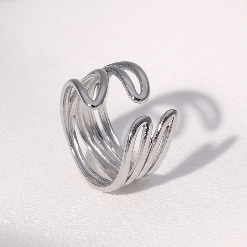 Minimalist Geometric Hollow Line Stainless Steel Adjustable Open Ring for Women with Plated Finish