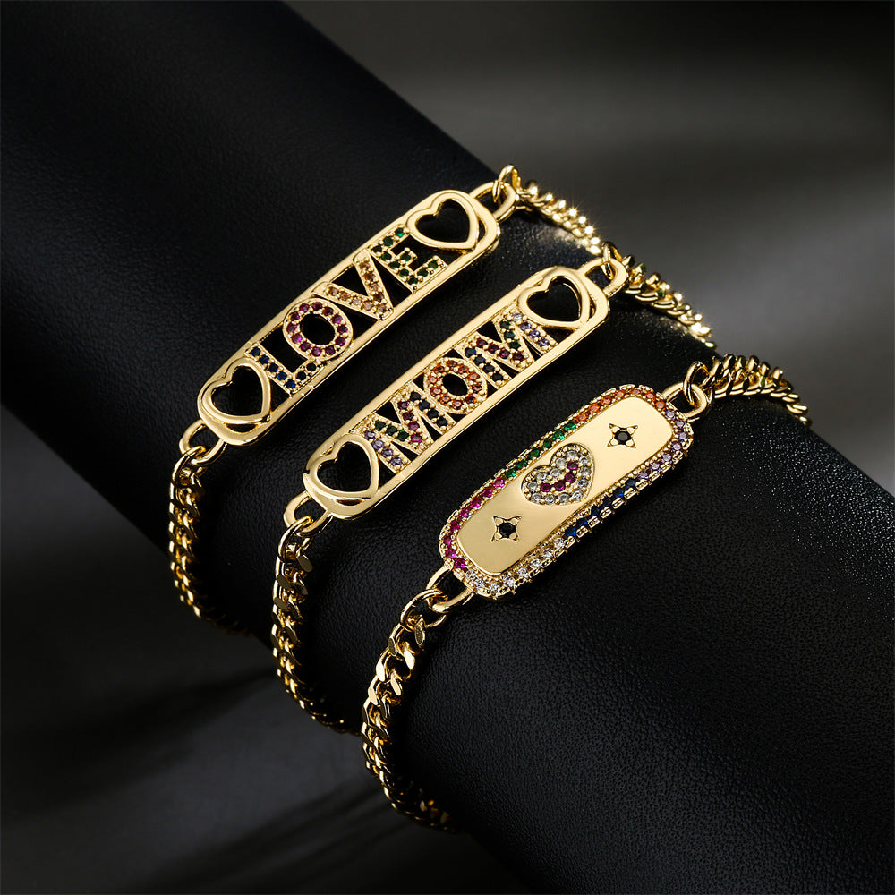 Geometric Brass Gold Plated Cubic Zirconia MOM Bracelet for Women