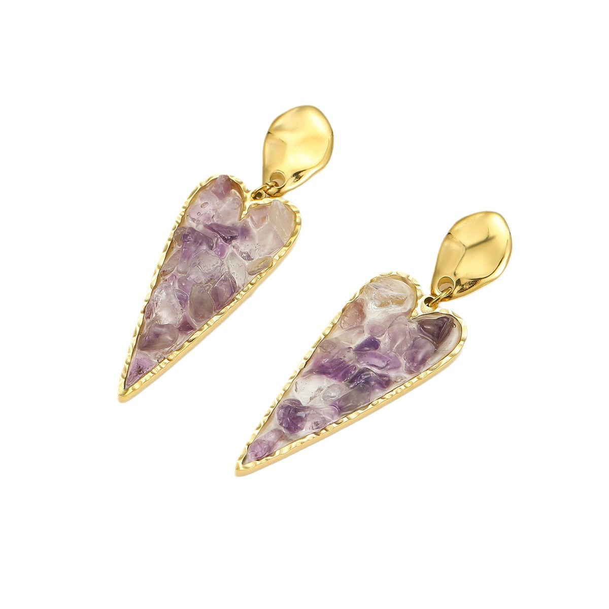 Elegantes pendientes colgantes geométricos de oficina con forma de corazón de acero inoxidable con incrustaciones de piedra natural y acabado chapado
