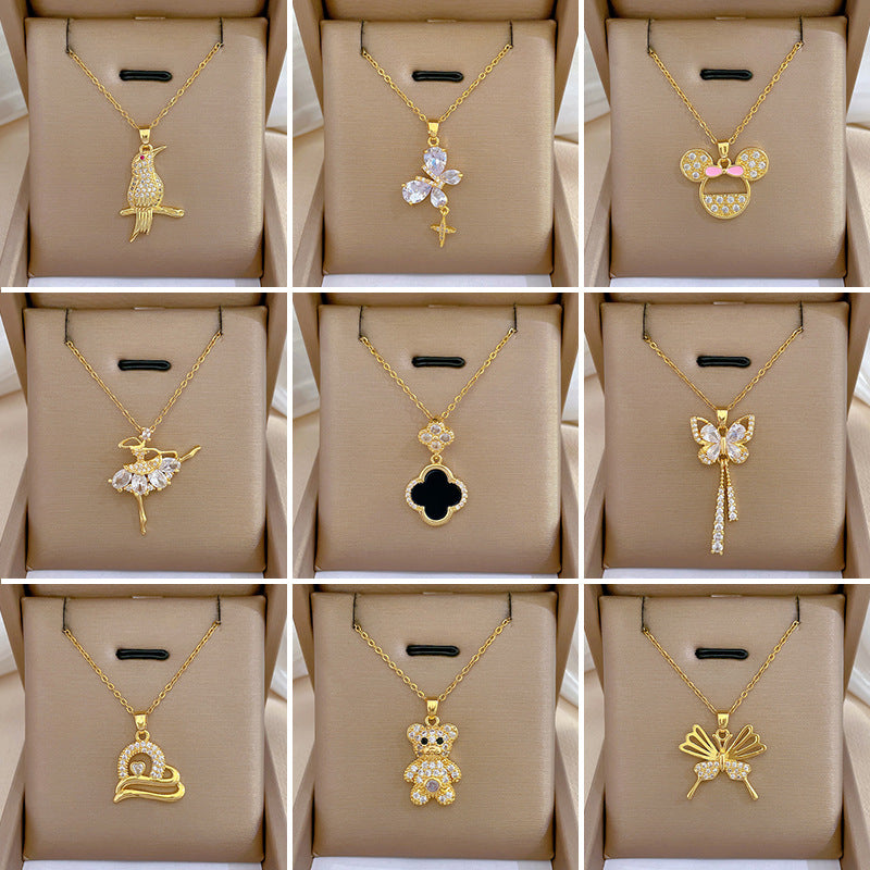 Four-Leaf Clover Rhinestone Pendant Necklace for Women Titanium Steel Irregular Chain Shell Locket Floral Style