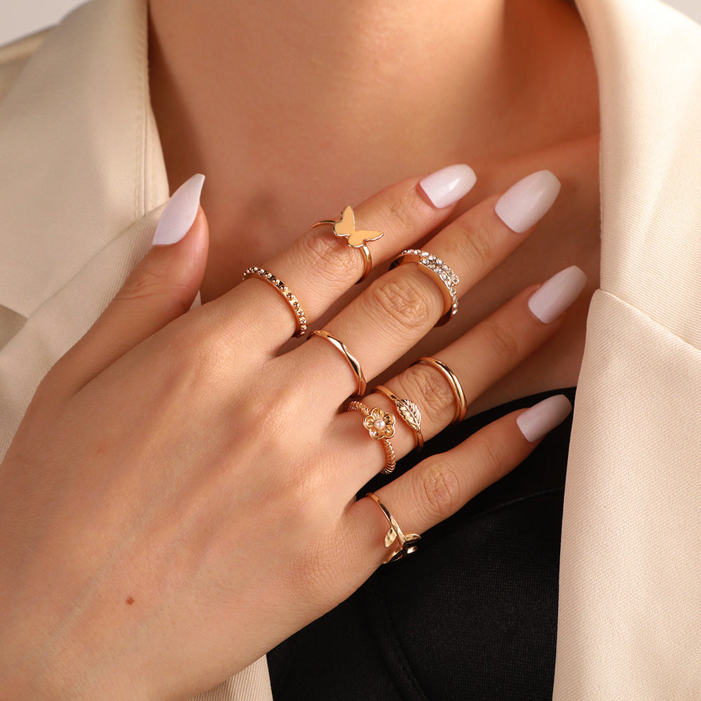 Leaf Flower Butterfly Geometric Alloy Ring Set with Rhinestone Inlay for Women