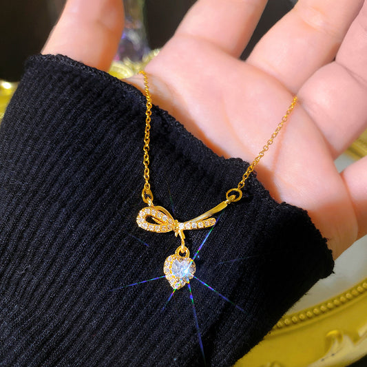 Sweet Minimalist Heart Bow Titanium Steel Plated Necklace with Brass Pendant Cable Chain Unisex