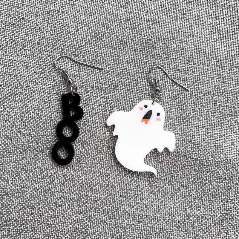 Pendientes de Halloween acrílicos con forma de letra estilo dibujo animado "Boo" para mujer con acabado hecho a mano