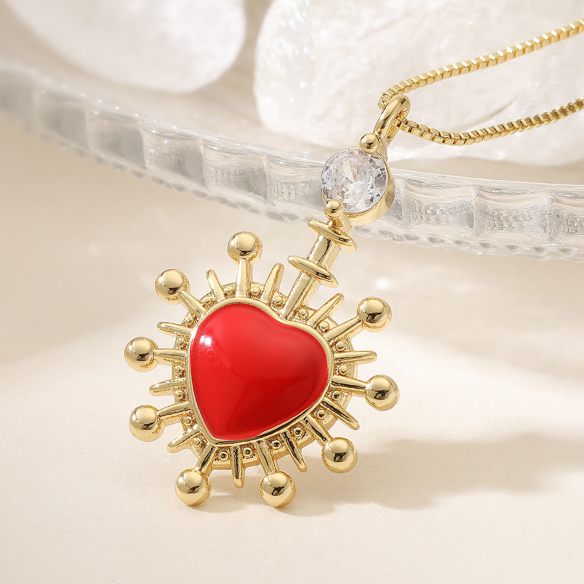 Minimalist 18K Gold Plated Brass Drip Oil Cross Heart Pendant Necklace with Cubic Zirconia