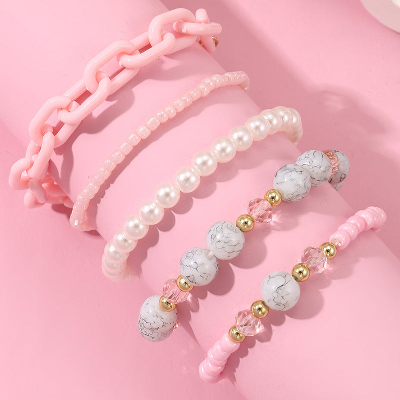 Bracciale per bambini Sweet Style con perline acriliche a forma geometrica, colore rosa, perle artificiali e intarsi in cristallo