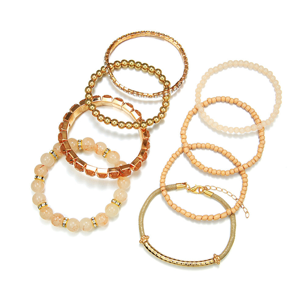 Bohemian Vintage Geometric Round Brass Bracelet Set with Turquoise and Rhinestone Beads