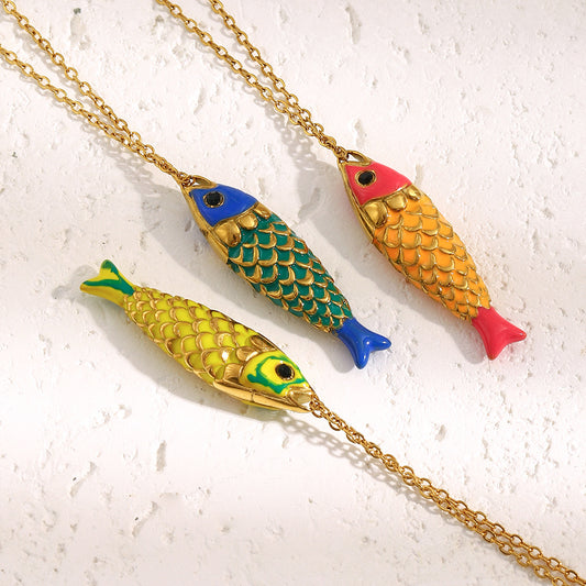 Luxury Minimalist Fish-Shaped Stainless Steel Plated 18K Gold Enamel Necklace for Women
