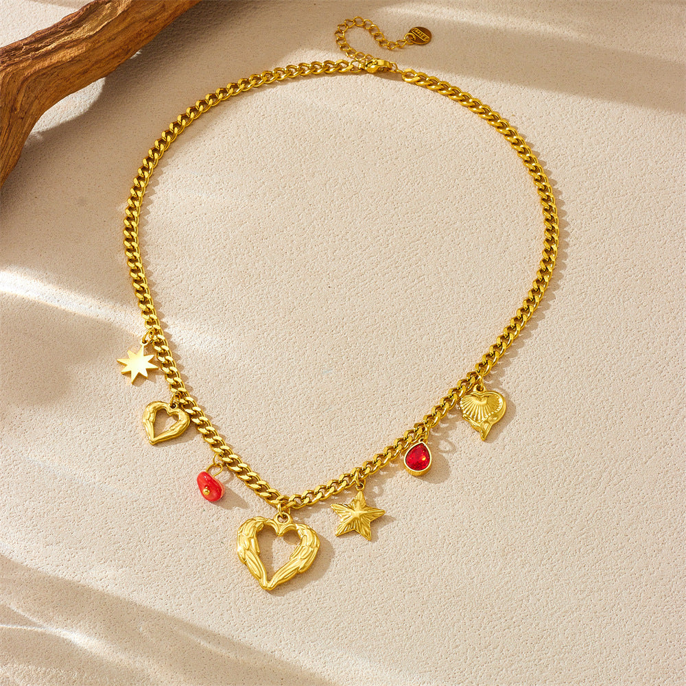 Fashionable Hollow Heart and Star Pendant Necklace with Rhinestone Accents in Gold-Plated Stainless Steel for Women
