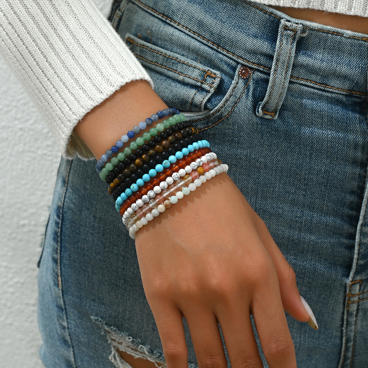 Fashion OL Style Geometric Beaded Bracelet Set for Women Handmade Woven Natural Stone Bracelets with Premium Aesthetic