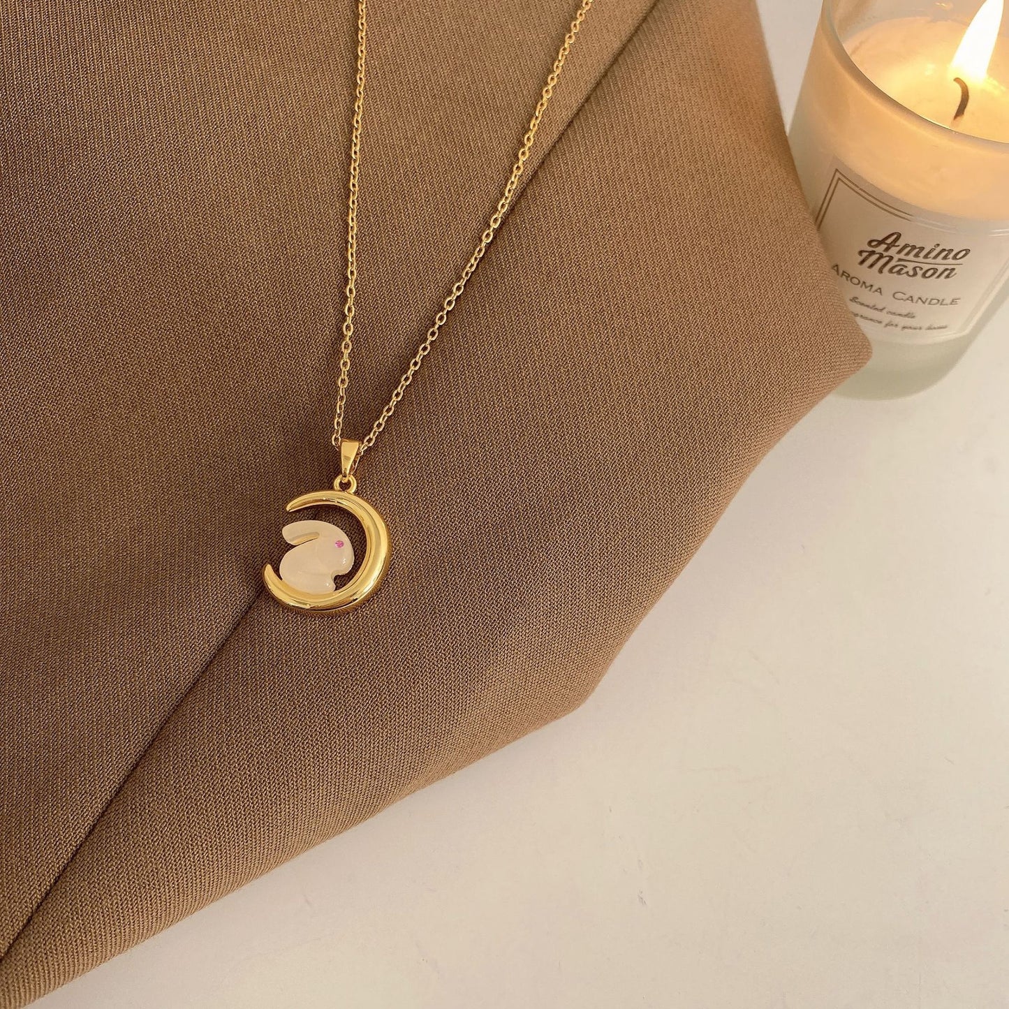 Original Design Rabbit Pendant Necklace for Women in Titanium Steel with Rhinestone Inlay on Wavy Chain, Minimalist Moonlight-Inspired Locket Necklace