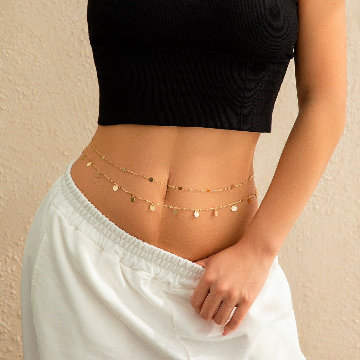 Minimalist Geometric Faux Pearl Plated Alloy Double Layer Waist Chain for Women