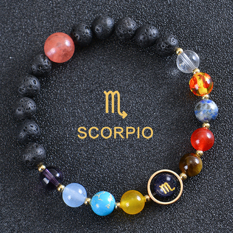 Unisex Zodiac Blue Sandstone Volcanic Stone Crystal Beaded Bracelet