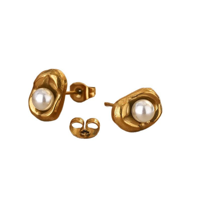 Elegant 18K Gold Plated Stainless Steel Round Pearl Necklace Set for Women