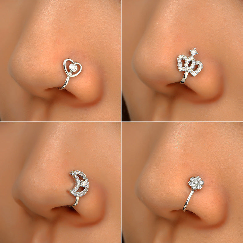 Clip per il naso a forma di U con stella e cuore placcata in rame vintage con zirconia cubica