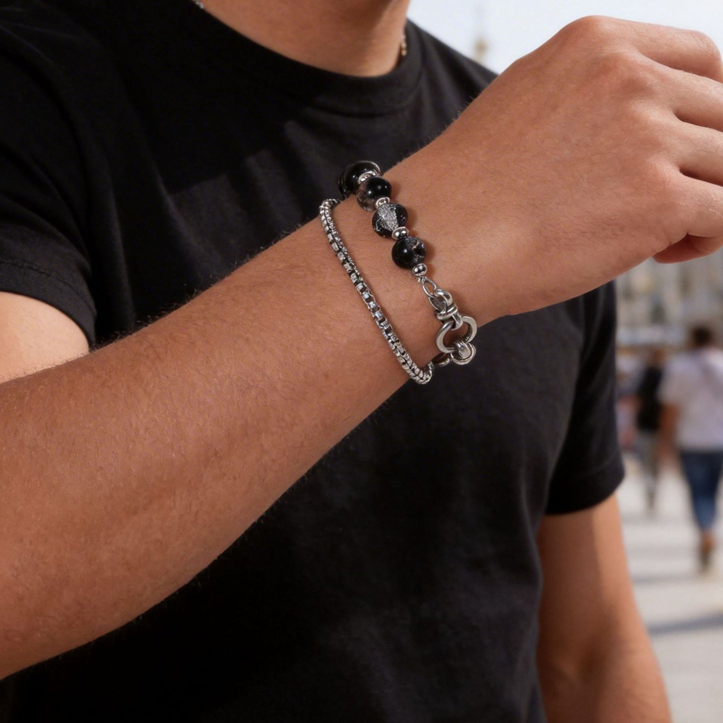 Minimalist Hip-hop Double Layer Stainless Steel Cable Chain Bracelet with Crackle Beads