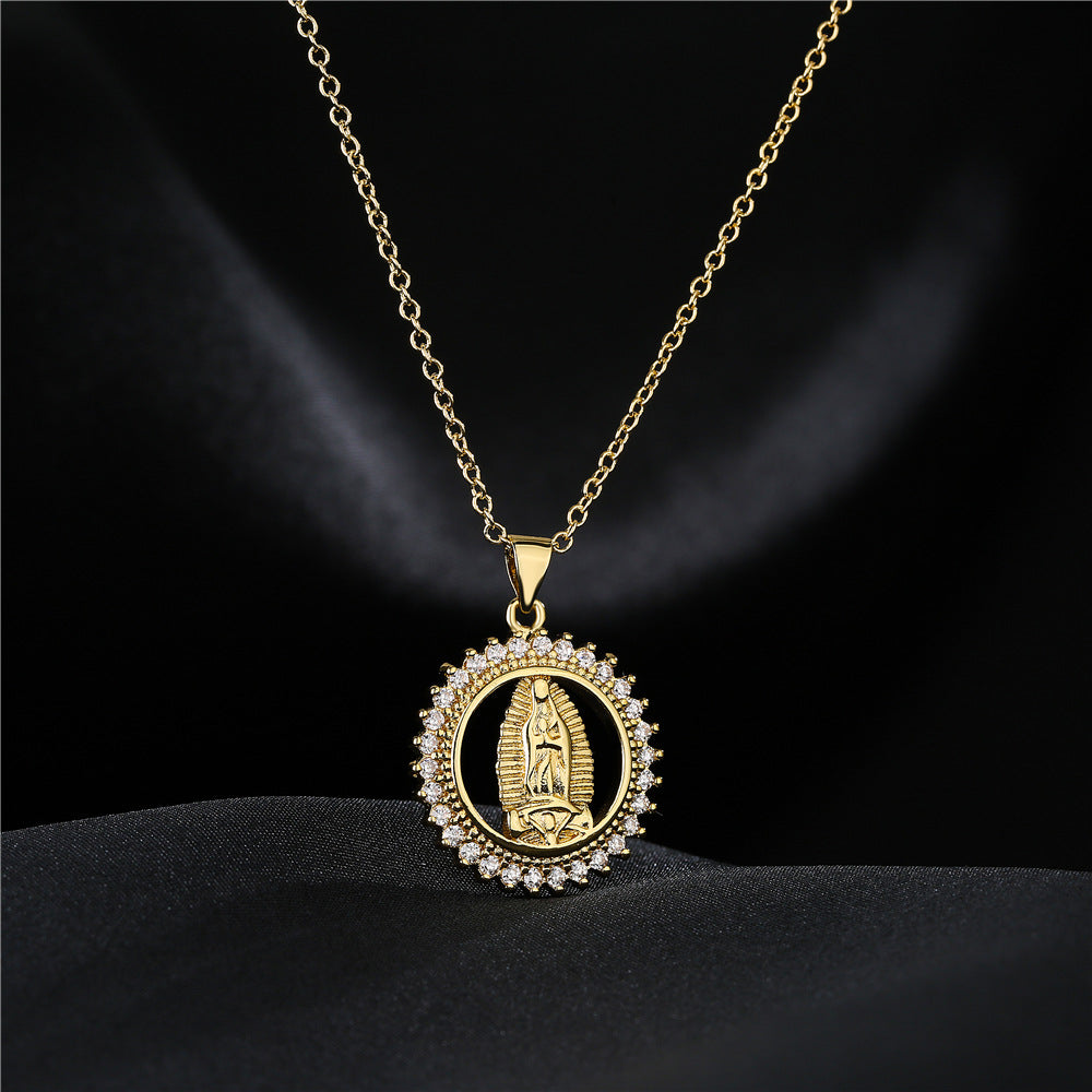 Collana Rame Geometrica Artigianale Vintage con Ciondolo Zirconi Micro-Incastonati su Catena a Maglia Ovale