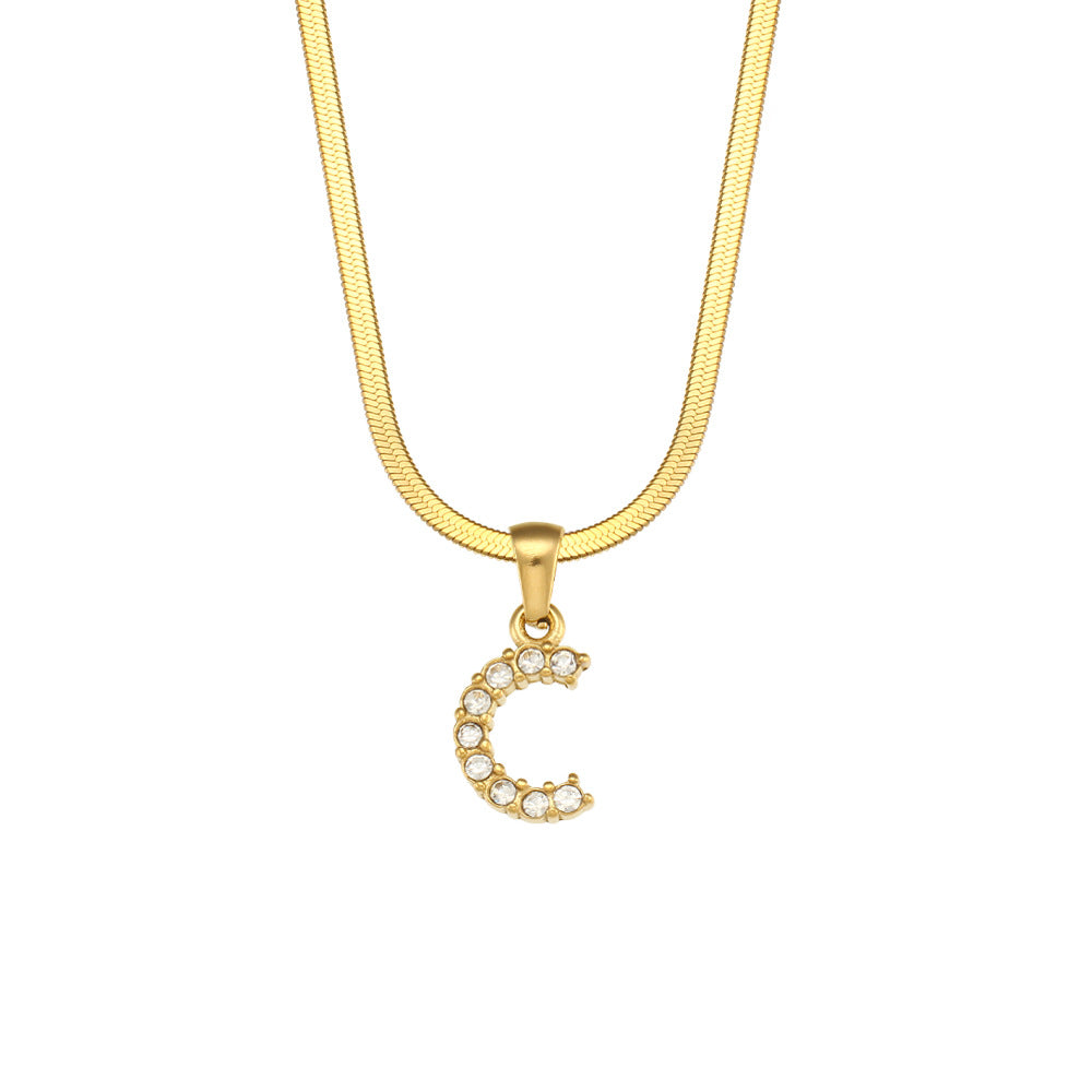 Collana Minimalista con Ciondolo a Lettera in Acciaio Inossidabile con Placcatura in Oro 18K e Zircone su Catena a Serpente Piatta per Donna