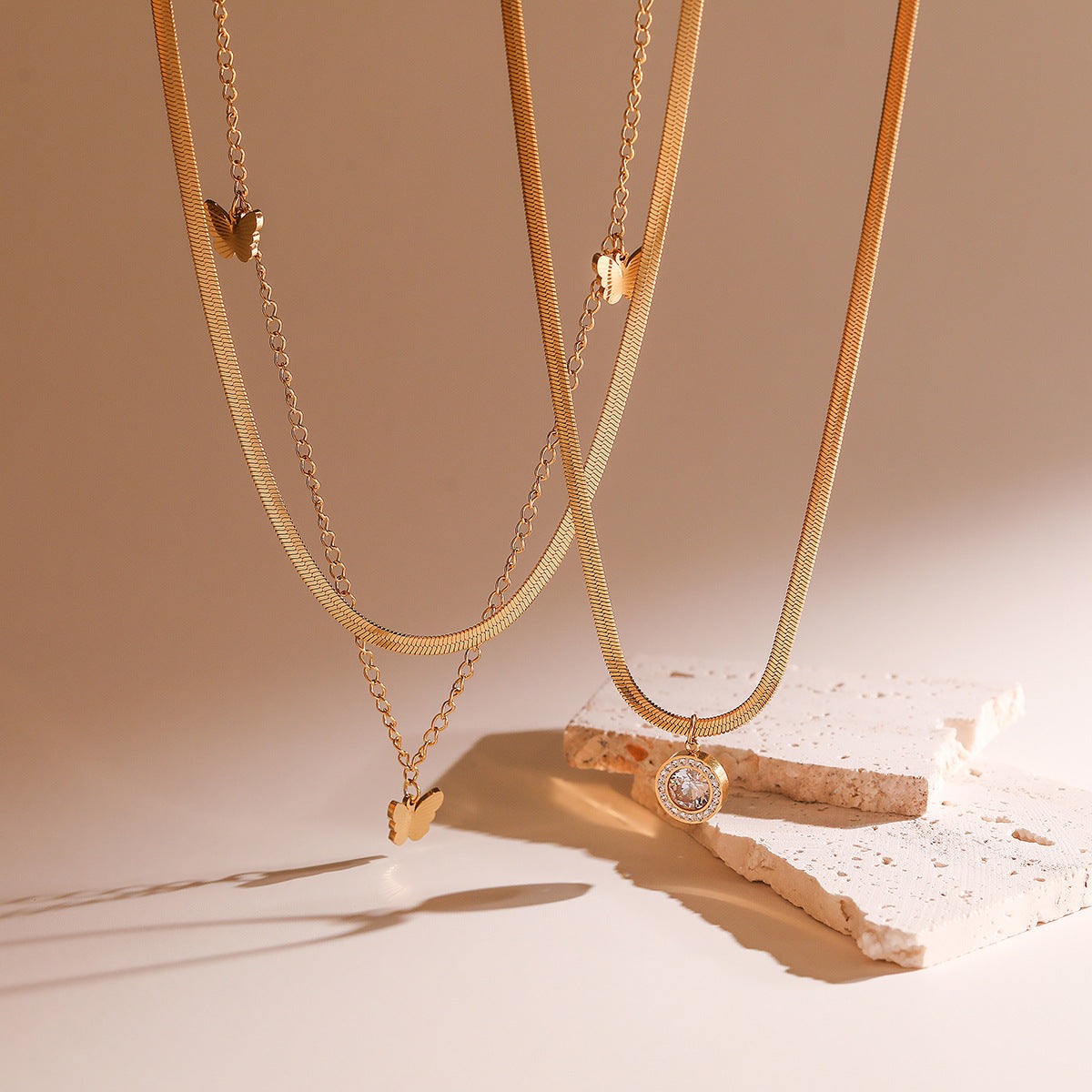 Minimalist Butterfly Pendant Necklace for Women in Titanium Steel with 18K Gold Plating Locket Chain