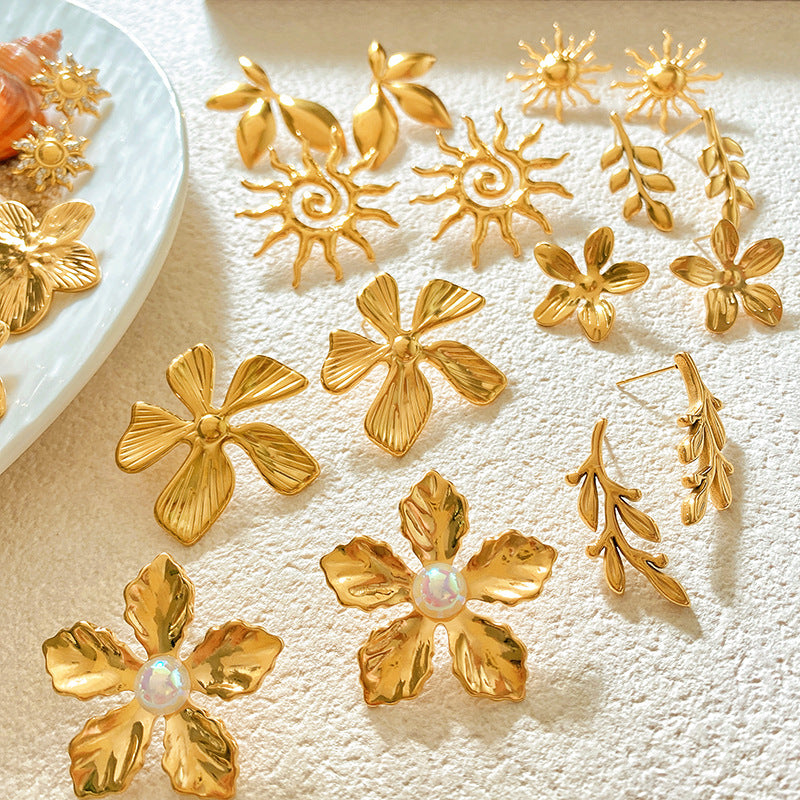 Sweet Sunflower Plant Brass Stud Earrings with Stainless Steel Posts