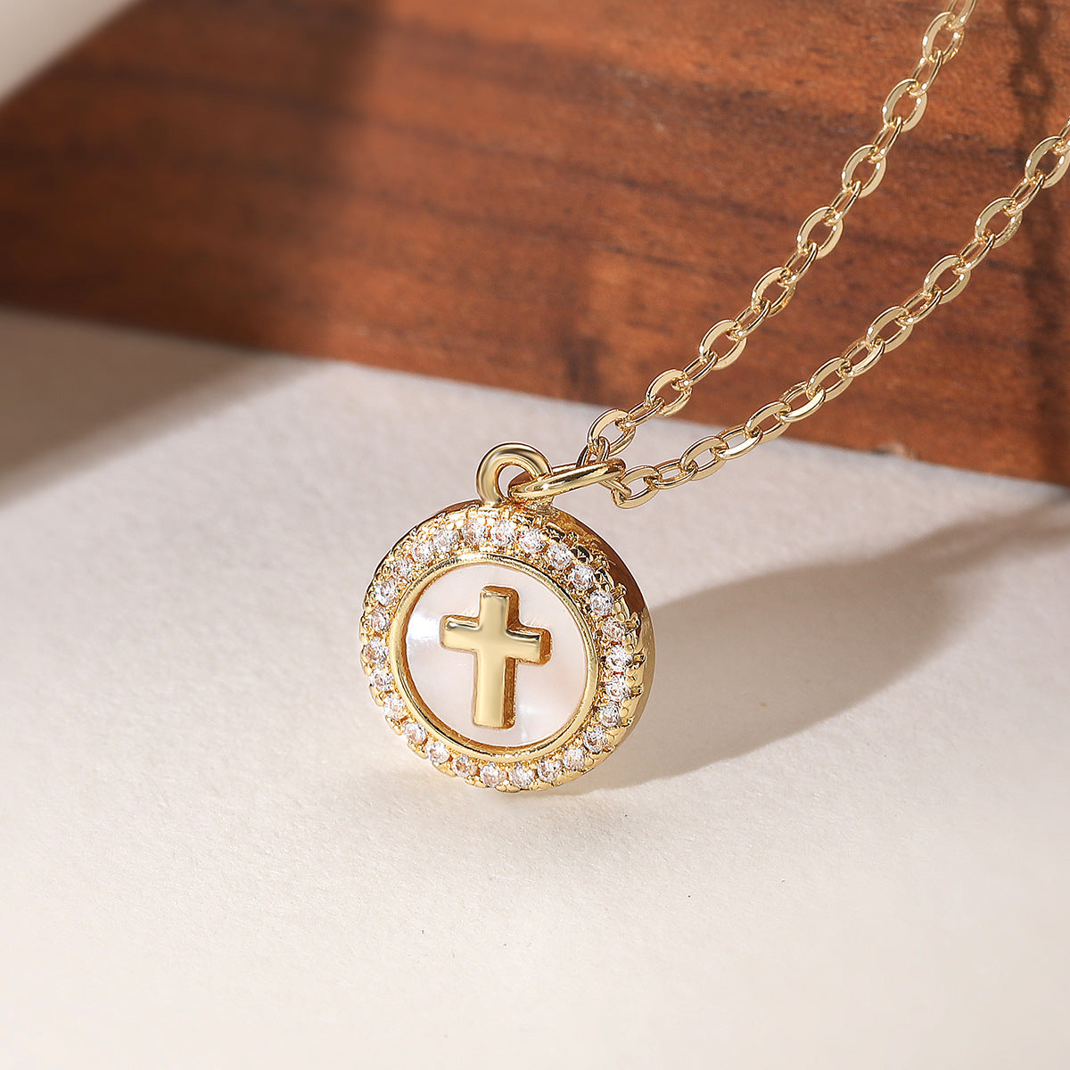 Minimalist 18K Gold Plated Brass Round Cross Pendant Necklace with Cubic Zirconia for Women