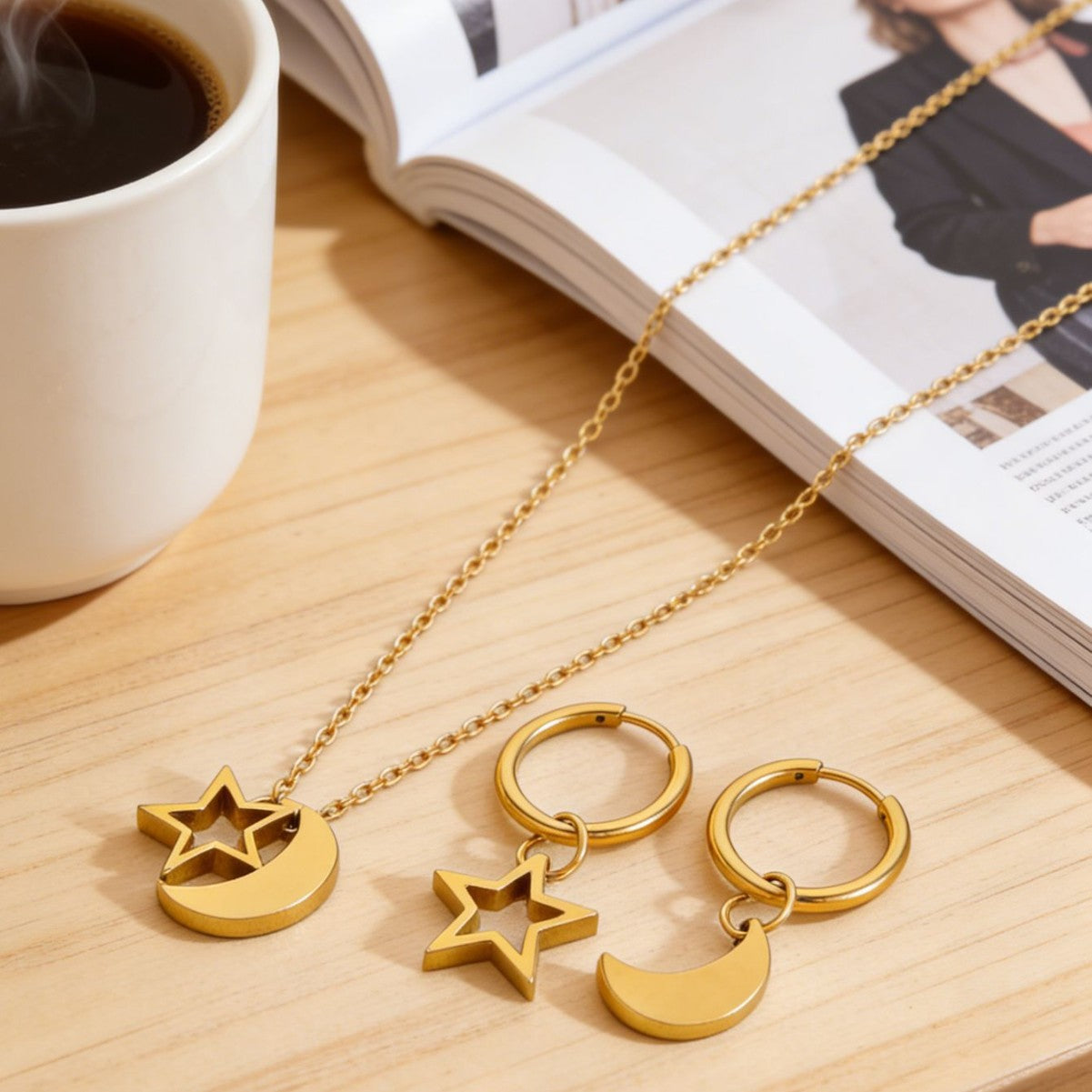 Minimalist Star Moon Stainless Steel and Titanium Steel Necklace and Earring Set with Cable Chain