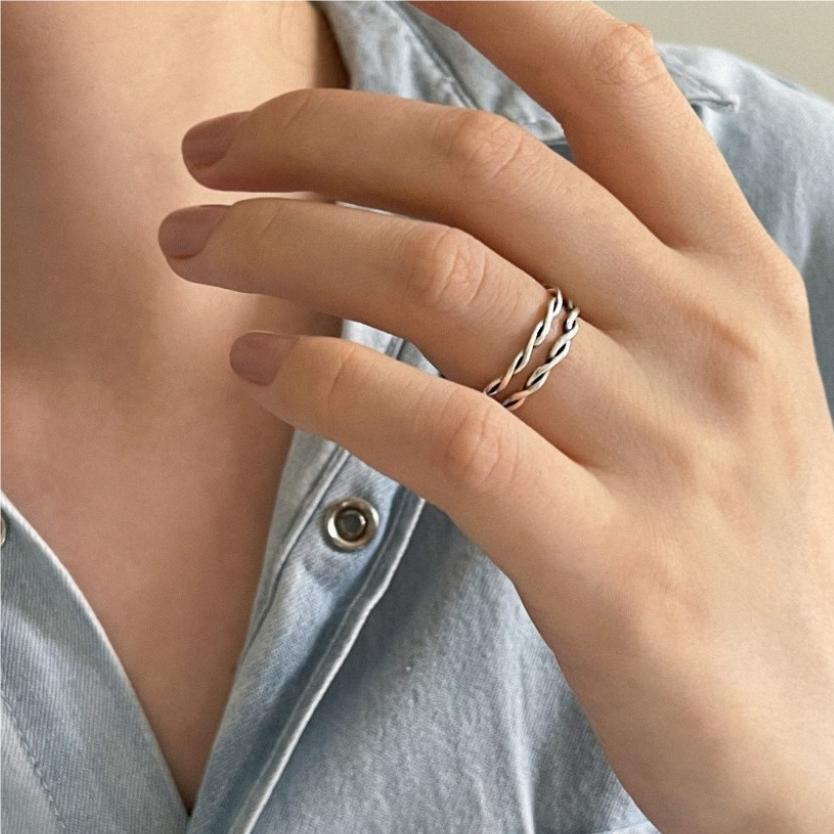 Anello aperto a doppio strato in argento sterling S925, intrecciato stile corda, anticato, da donna, gioiello mano stile vintage francese