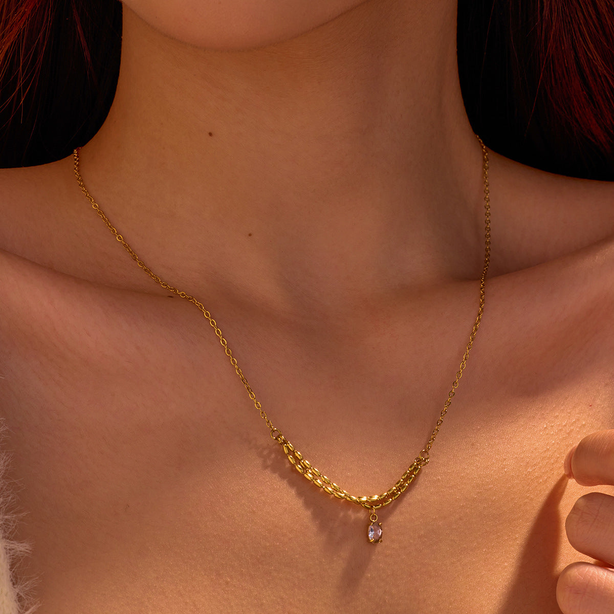 Fashionable Minimalist Stainless Steel Pendant Necklace with Zircon Accents for Women, Electroplated Clavicle Chain