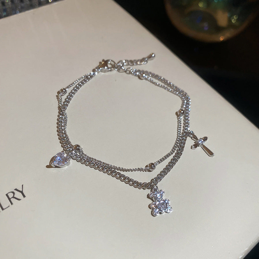 Light Luxury 18K Gold Plated Cubic Zirconia Cat Bear Animal Bracelet for Women