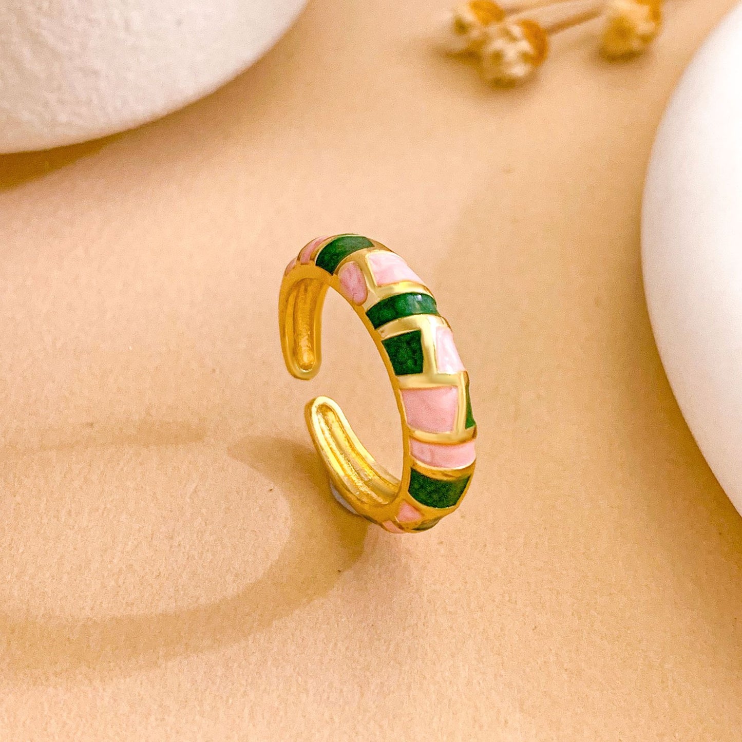Minimalist Geometric Enamel Gold Plated Brass Ring with Polka Dot Pattern Adjustable Open Design for Women