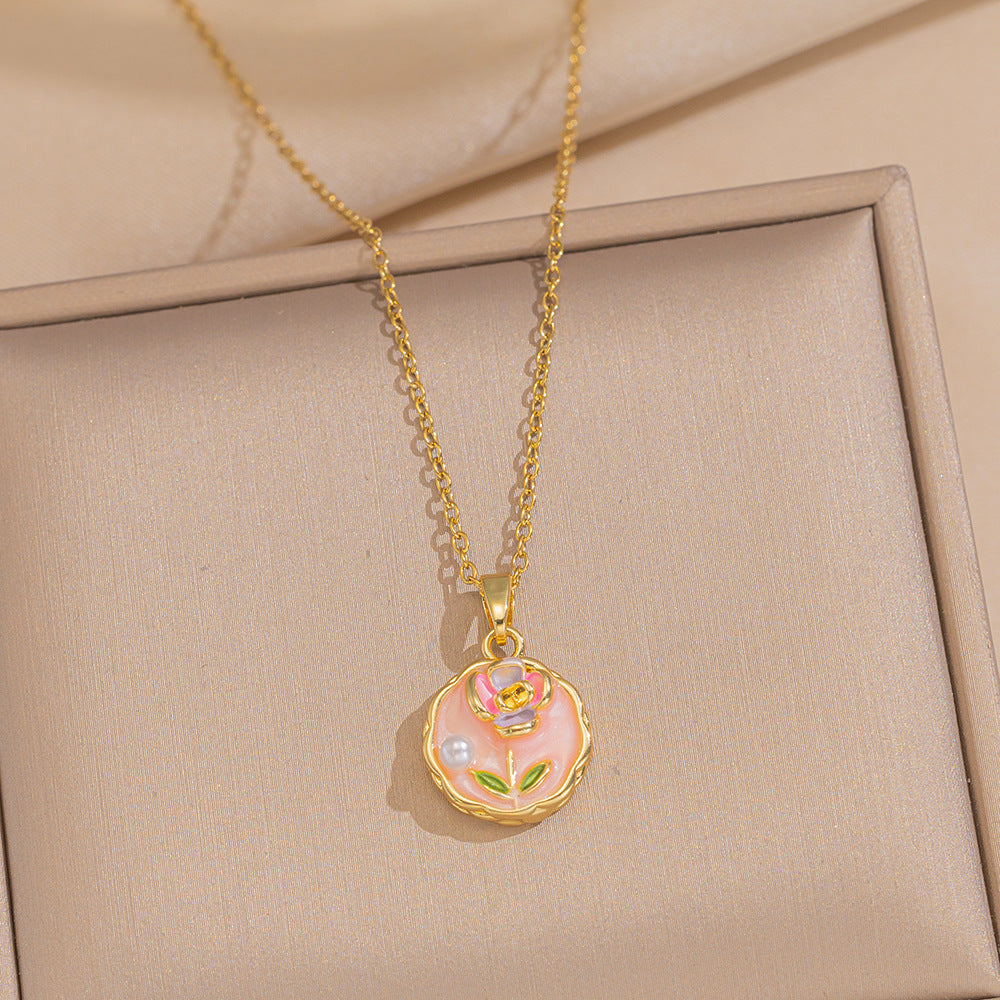 Baroque Style Leaf-Shaped Titanium Steel Necklace with Tulip Floral Motif, Vacuum-Plated for Hypoallergenic Wear, O-Chain Design