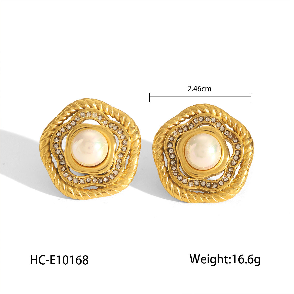 Orecchini a perno da donna in acciaio inossidabile placcato oro 18 carati con strass e perle, motivo geometrico alla moda