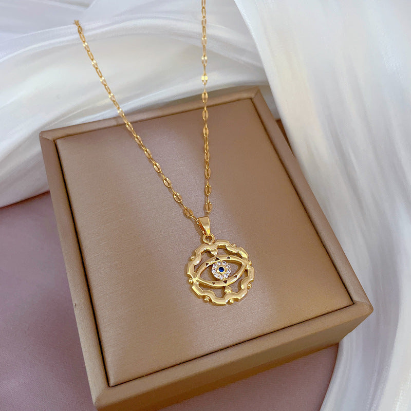 Luxury Geometric Evil Eye Necklace in Titanium Steel with Micro-Paved Zirconia, Gold-Plated Pendant and Chain