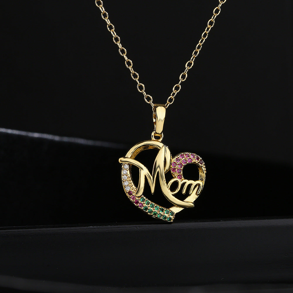 Geometric Heart-Shaped Copper Pendant Necklace with Gold Plating and Zircon Inlay for Mother's Day Gift