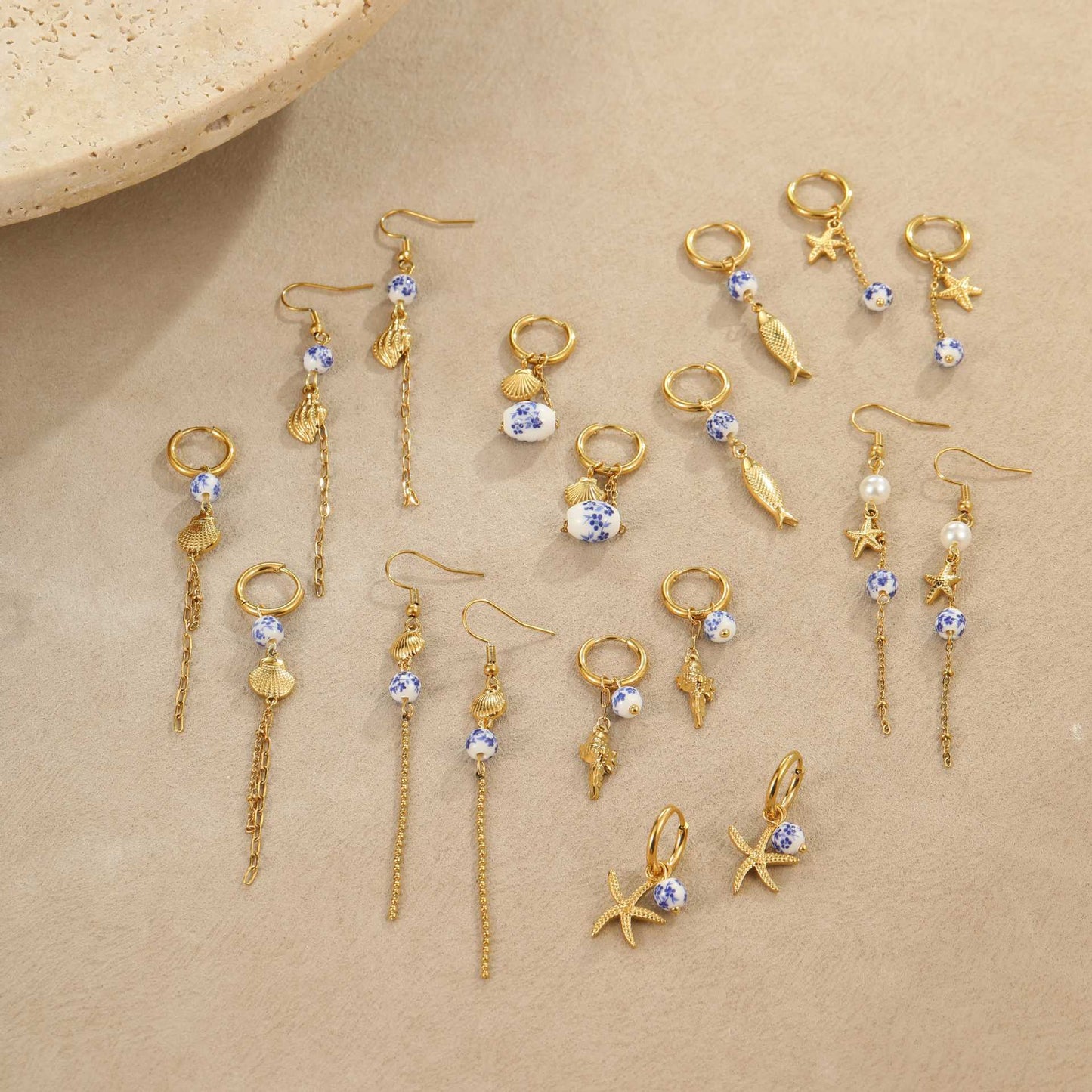 Pendientes de Acero Inoxidable con Forma de Estrella, Acentos de Concha de Cerámica y Estrella, Diseño Electrochapado Inspirado en el Océano para Mujeres