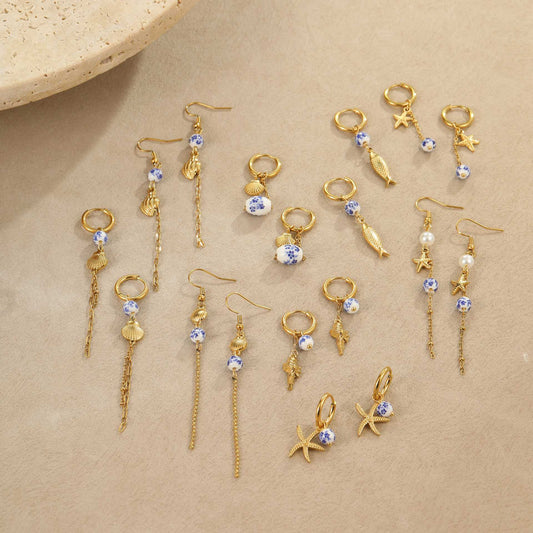 Fashionable Star-Shaped Stainless Steel Earrings with Ceramic Seashell and Star Accents, Electroplated Ocean-Inspired Design for Women