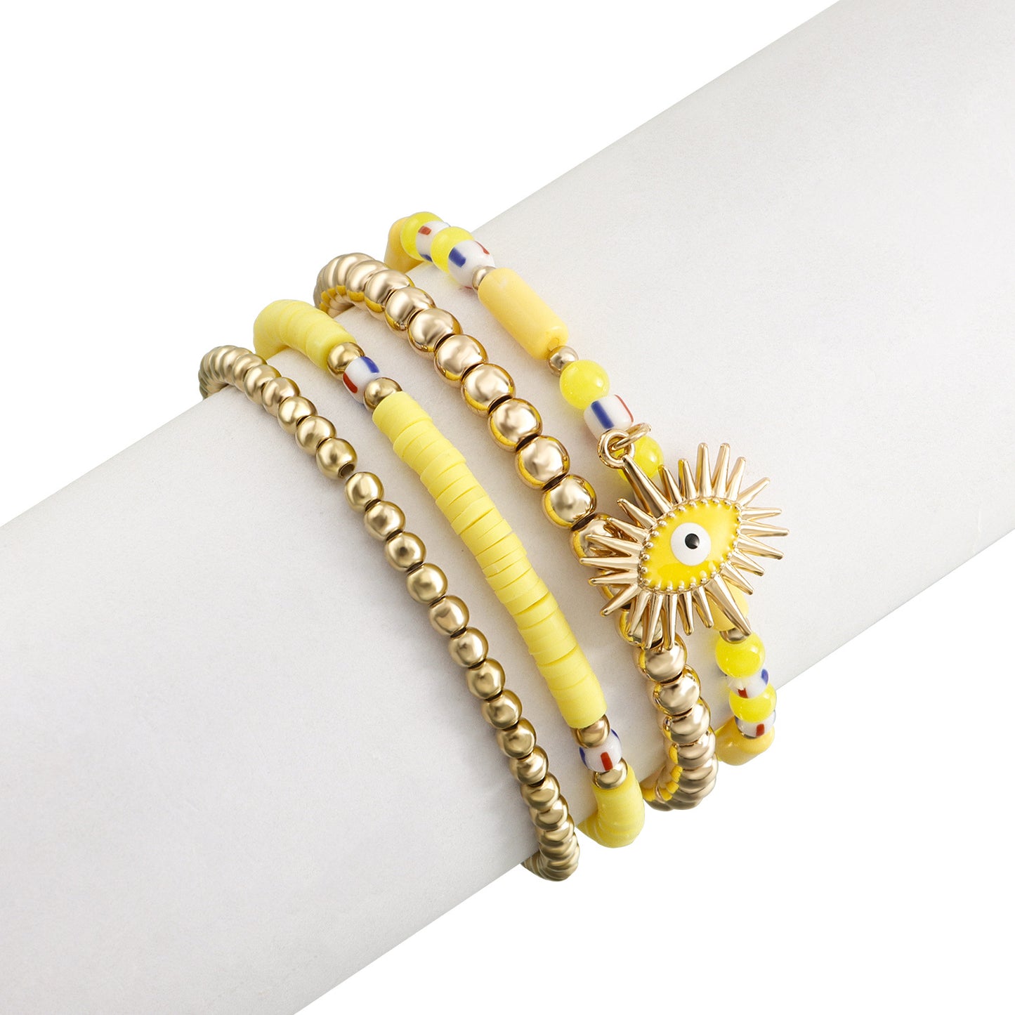 Minimalist Geometric Evil Eye Alloy Bracelet for Women with Plated Finish and Multicolor Polymer Clay Beads