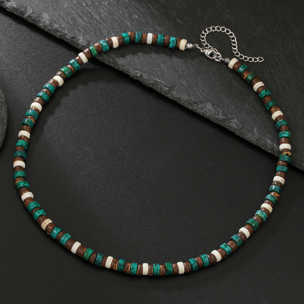 Bohemian Minimalist Geometric Round Coconut Shell Turquoise Stainless Steel Handmade Cable Chain Necklace for Unisex