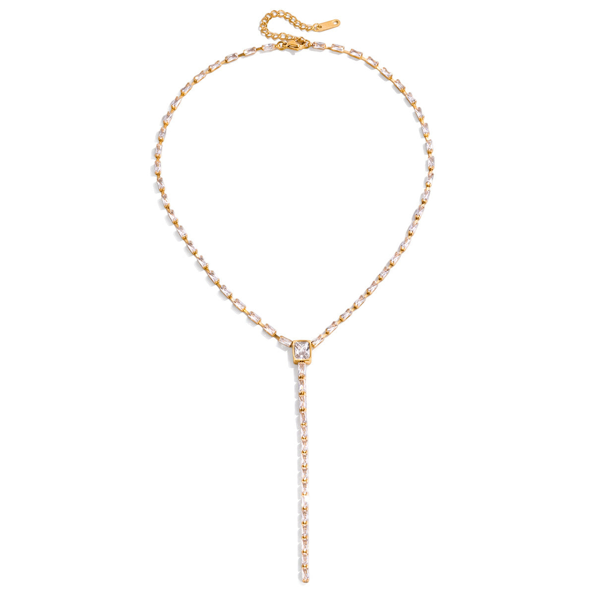 Collana Lunga Geometrica a Y da Donna in Acciaio al Titanio con Strass e Finitura Placcata