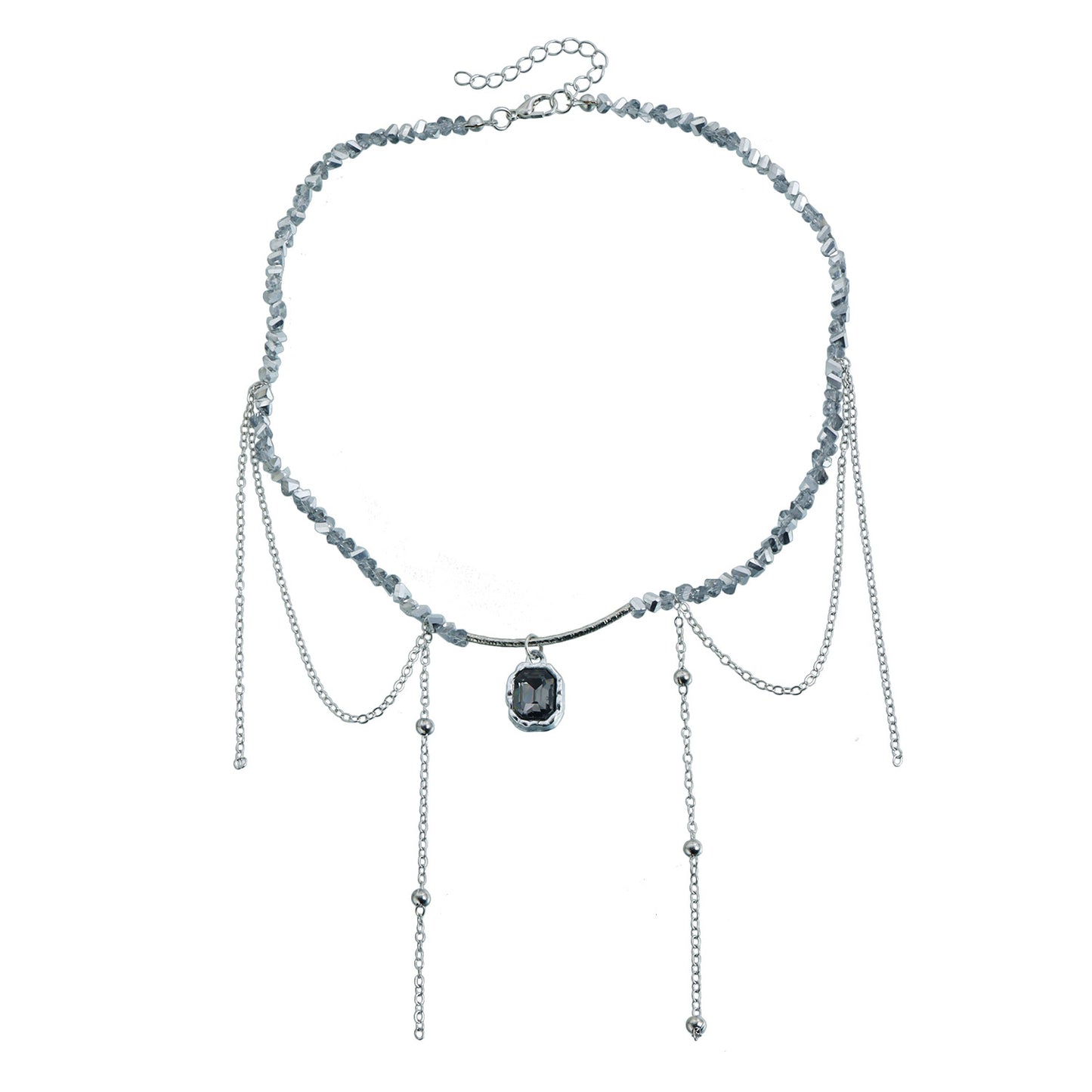 Y2K Cyber Geometric Glass Rhinestone Tassel Necklace with Alloy Pendant