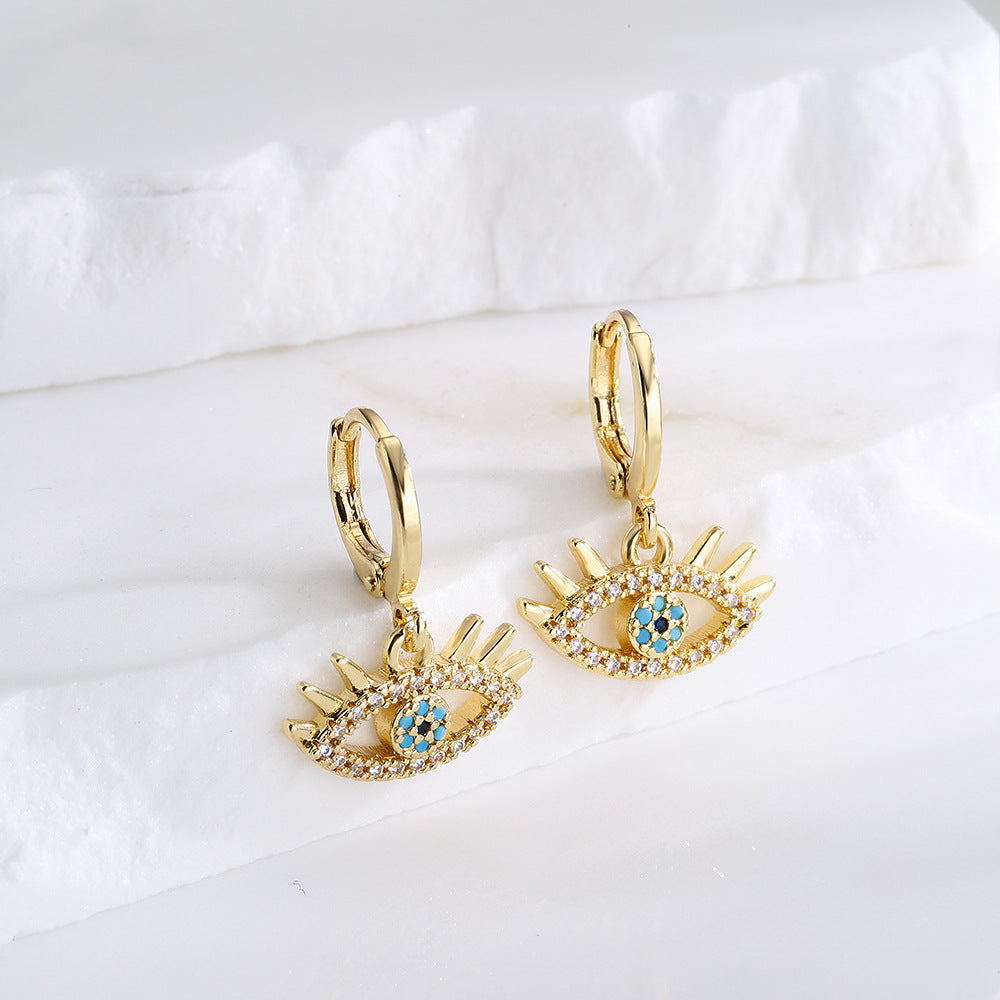 Vintage Geometric Copper Earrings with 18K Gold Plating and Zircon Evil Eye Design for Women