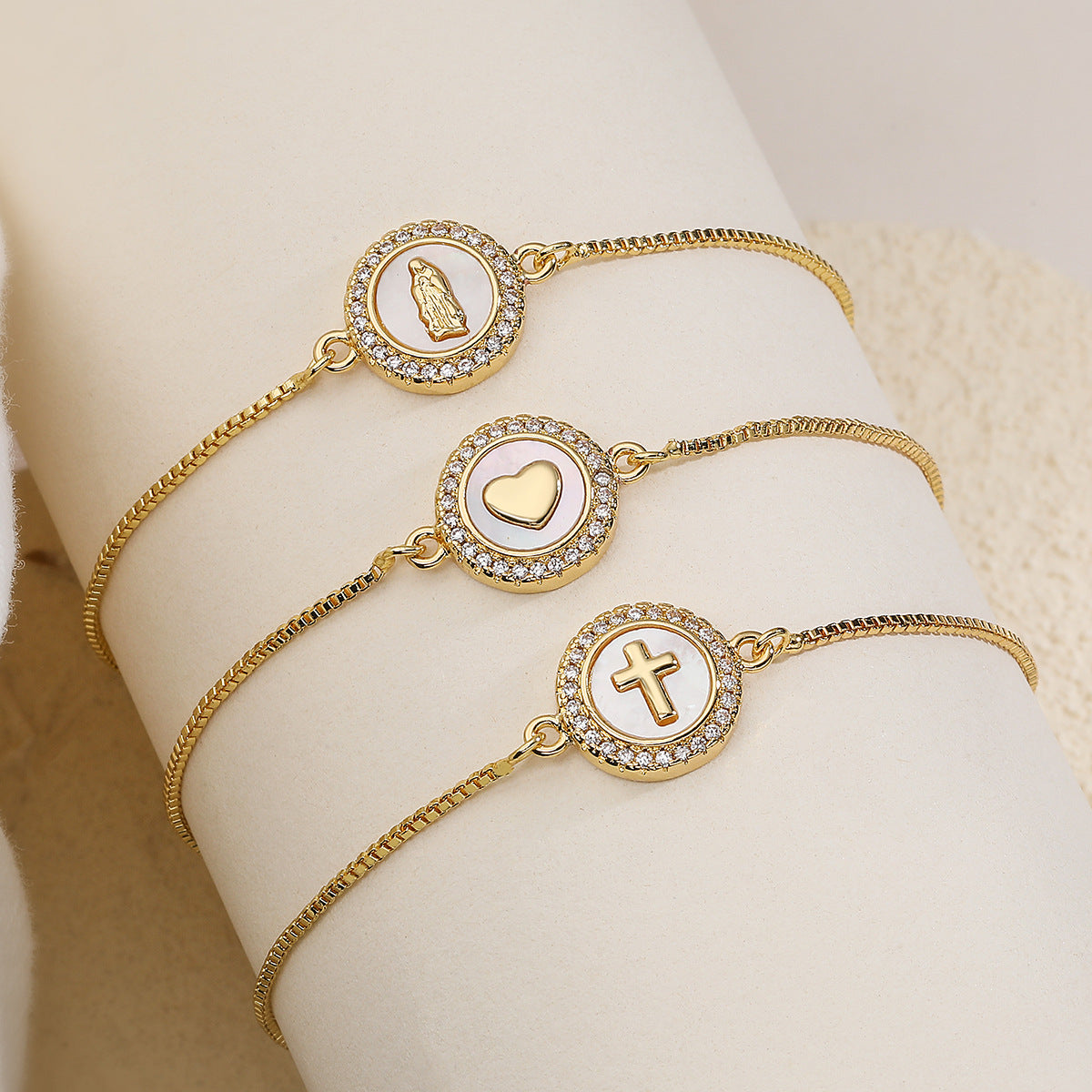 Minimalist 18K Gold Plated Brass Cross Heart Bracelet with Cubic Zirconia for Women