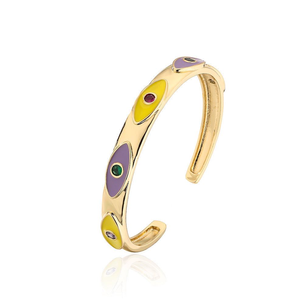 Bohemian Style Enamel Zircon Eye Bracelet for Women Copper Gold-Plated Open Bangle with Geometric Pattern