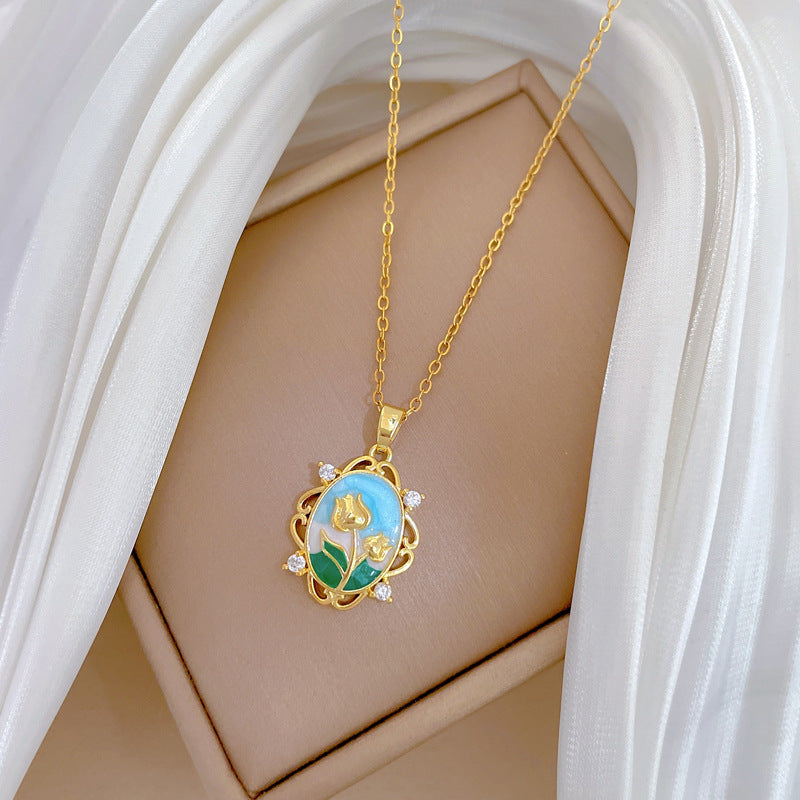 Collana con pendente a luna geometrica minimalista per donna e uomo in acciaio al titanio con intarsio di strass e catena sottile con locket