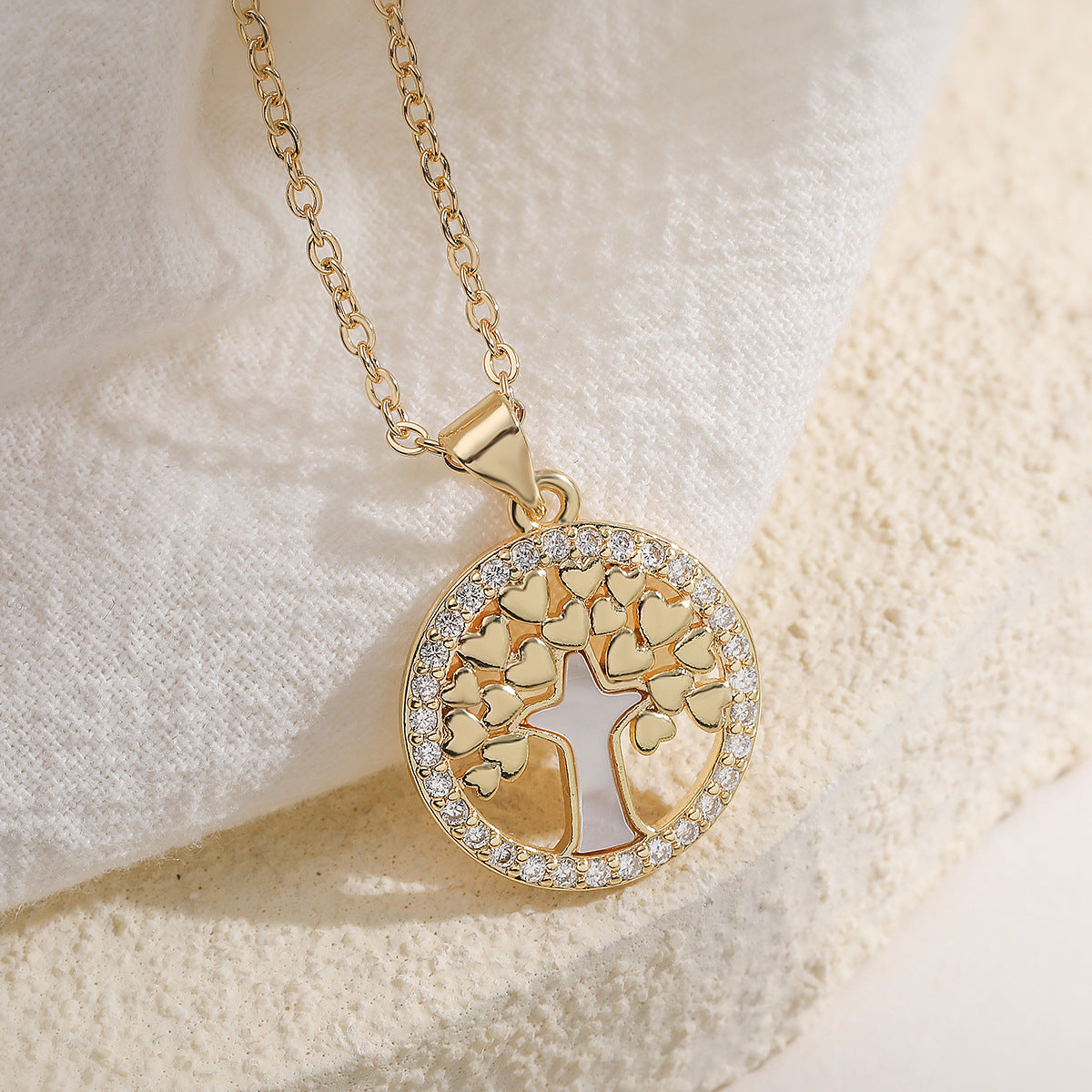 Minimalist Gold Plated Brass Geometric Tree of Life Pendant Necklace with Cubic Zirconia for Women